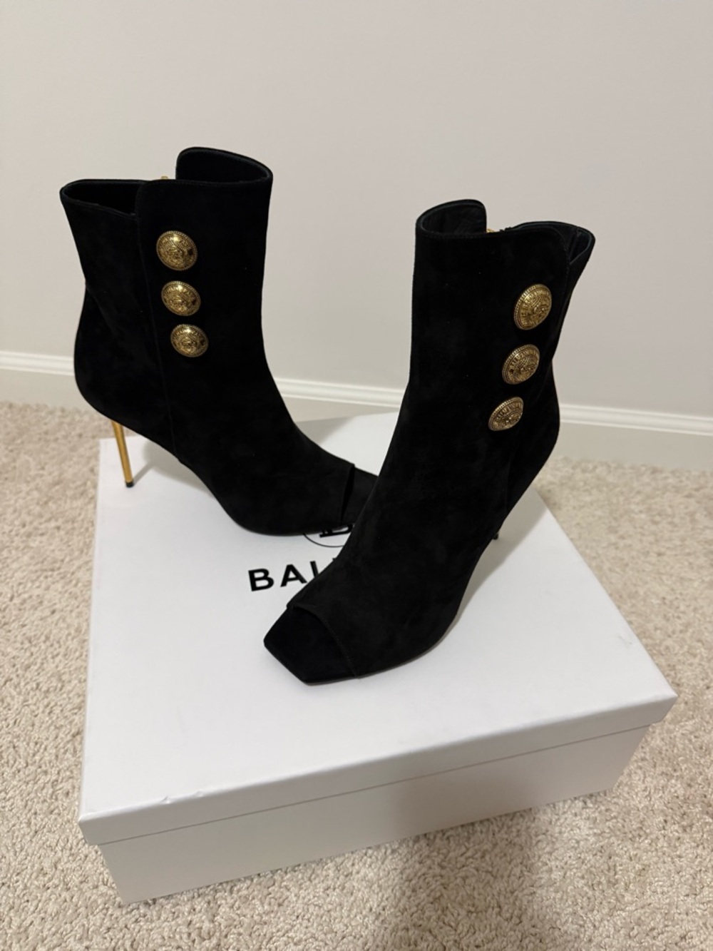 Balmain Black Suede Open-Toe Ankle Booties with Gold Medallion Buttons